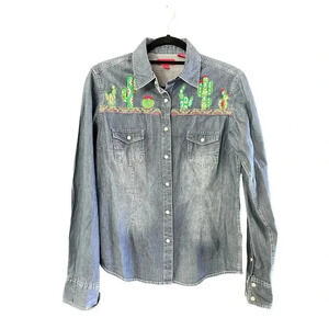 Panhandle Blue Button Down Embroidered Denim Jean Shirt Size Medium